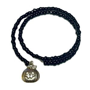 New Handmade Silver Pumpkin Onyx Bead Minimalist Halloween Wrap Charm Bracelet